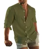 Chemises décontractées pour hommes lin couleur unie chemise Simple col en v profond chemisier à manches longues mince Camisas Hombre tenues respirantes Blusas