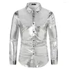 Herrklänningskjortor Mens Hösten långärmad kontrastknapp Glänsande sexig skjorta nattklubb Sequin Casual Down Disco Fashion T-shirts