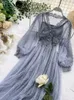 Casual Dresses 2023 Spring Women Mesh Lace Crochet V-Neck Elegant Prom Puff Sleeves Dress Summer Dot Party Sexig Swing Long Long