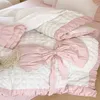 Beddengoedsets wit 40s gewassen katoen met roze boog prinses set plooien patchwork zacht dekbedoverkap laken kussencases