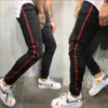 Men's Jeans Skinny Men Red Stripe Mens Biker Denim Super Spray Black Pockets Rubber Band Of Calf318O