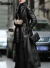 Damen Leder Faux Nerazzurri Herbst Langbraun schwarzer weicher Trenchcoat für Frauengürtel, elegante Luxusmode 5xl 6xl 7xl 230822