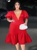 Plus Size Dresses V Neck Dress for Women 3XL 4XL Kort puffhylsa En linje Ruffles Evening Cocktail Event Midi klänningar Party Outfits