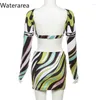 Werkjurken Waterarea Women Ruffes Hem 3D Plaid Gedrukte Bodycon Midi Mini -rokken Set en Crop Top met lange mouwen ins Twee 2 -delige outfits