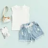 Zestawy odzieży Dzieci Baby Girls Letni ubrania Solidne bluzki bez rękawów i swobodne rozerwane spodenki z zestawem pasa
