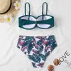 Women's Swimwear 2023 Leaves Print Bikini Swimsuit Women Push Up Set Bandeau Bathing Suit Brazilian Biquini Female Blue