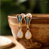 Dangle Earrings Natural Hetian Jade Water Drop Shaped Musa Fan Chinese Style Retro Unique Ancient Gold Craft Charm Female Brand Jewelry