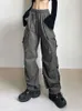 Женские джинсы Houzhou Harajuku Негабарированные грузовые парашютные брюки Стритажная одежда Vintage Y2K Hip Hop Широкая нога Joggers Бесулобные спортивные штаны Techwear 230823