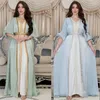 Vêtements ethniques Col en V Mousseline de soie Soie Saupoudrée Ceinture d'or Robe musulmane Robe de Noiva Marocain Caftan Luxe Élégant Abaya Ensembles Ramadan