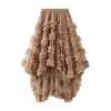 Skirts Summer Women's Candy Color Elastic Waist Fairy Mesh Half Skirt Fluffy Irregular Ruffle Edge Cake A-line