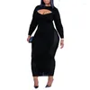 Plus Size Dresses Women Clothing Large Women's Autumn Black Mid Length One Step Dress Long Sleeve Template Commuter Color Mesh