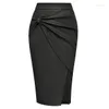 Skirts BP Women Skirt Vintage PU Leather Ruched Hits Below Knee High Waist Elastic Front Slit Bodycon OL Hips-wrapped