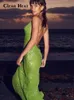 Basic Casual Dresses Green Sequin Glitter Backless Maxi Dress For Women Sexy Swing Collar Sleeveless Skinny Long Vestidos Elegant Night Party Robe 230822