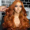 Orange Ginger Body Wave Spets Front Wig Transparent föregångad med babyhår 13x4 Frontal peruker Mänskligt hår peruk till försäljning