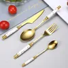 Tabellesuppsättning Black Gold Handle Cutly Rostfritt stål Middag Knivgaffel Spoon Modervistrosa Flatvaruuppsättning Dropshipping HKD230812