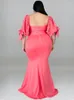 Plus size jurken Long Pink V Neck Korte Puff Sleeve High Taille Bodycon Evening Cocktail Event Outfits 4xl Damesjurken