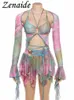 Tvådelad klänning Zenaide Fall Mesh Butterfly Women 3 Set Bandage Cami Oregelbundna kjolar Flare Sleeve Crop Top Tie Dye Rave Party Outfits Y2K 230823