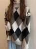 Damskie swetry mody 2023 Kobiet Sweetek jesienny i zimowy retro w kratę turtlerek dzianin pullover luźne luźne ciepło