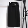 Kjolar klassiska vintage penna knälängd kjol kvinnor elegant kontor lady formell split belt paket höft midi svart slim överdimensionerad
