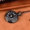 Pocket Watches Vintage Black Carving Quartz Watch For Men Engraved Case Roman Numeral Dial Display Fob Chain Pendant Clock Man Gifts