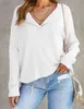 T-shirt tricoté à manches longues et col en v pour femme, haut à carreaux de couleur unie, nouvelle collection 2023