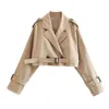 Короткая куртка женской куртки Khaki Укороченная траншевая пальто отвороты с воротником с длинными рукавами с поясом женская весенняя уличная одежда 230822