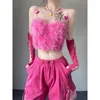 Pantalon de deux pièces pour femmes Y2K Femmes Sexy Deux pièces Mignon Peluche Gilet Sans Manches Mini T-shirt Court Tie Teint Taille Haute Rose Bouton Cargo Long