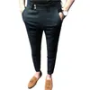 Mens Suits Chic Ninth Trousers Office Gentle Close-fitting Super Breathable Mid Waist Men Suit Pants