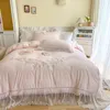 Bedding Sets Pink Girls Set Flowers Embroidery Chic Transparent Lace Ruffles Quilt Cover Flat/Fitted Sheet Pillowcases Bedclothes