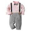 Одежда набор детей Сплошные наряды для мальчиков Розовая отворотная рубашка с серыми брюками Дети весенняя осень день рождения. 1 2 3 4 5 6 7y 230823