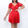 Платья плюс размеры элегантное плиссированное мини-платье с V-образным вырезом Африканское для женщин 2023 Вечерняя вечеринка с высокой талией с одеждой для ремней