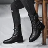 Botas Strongshen Men Fashion Leather Motorcycle Midcalf Belt Black Belt Belra Rivet Punk Rock Boot Tático do Exército 230823