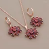 Necklace Earrings Set Luxury Trend Hanging For Women Fashion Red Zircon With 585 Rose Gold Color High Quality