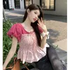 女性用Tシャツパフスリーブピンクシフォンシャツ女性用の短い夏の甘いウエストトリミングトップシックな美しい小さな2023