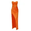 Casual Dresses PB Sashes Satin Long Dress Women Sexy Strapless Sleeveless High Split Celebrity Party Club Evening Gown Vestido