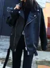 Damen Leder Faux Sungtin Koreanische Jacke Frauen Gürtel Übergröße BF Style Punk PU Streetwear High Street Biker Coat 230822