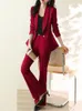 Kvinnors tvådelade byxor Zjyt Elegant Business Chic Office Beading Blazer Buits for Women Pant Set Outfits Autumn Jacket and Trousers Set