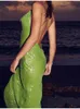 Basic Casual Dresses Green Sequin Glitter Backless Maxi Dress For Women Sexy Swing Collar Sleeveless Skinny Long Vestidos Elegant Night Party Robe 230822