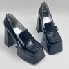 Dress Shoes Square Toe Buckle Waterproof Platform Super Highheeled Single Shoe's Work Black Patent Leather Thickheel 230823