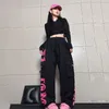 Jeans femminile retrò retrò multipoccia nera rosa stampato di complessi pantaloni femminile personalità hip-hop hip-hop sciolte di pantaloni sportivi da ballo casual 230822 230822