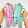 USA warehouse already design 40oz Laser engraving holographic leopard print tumber double wall Stainless Steel Double Insulated Cup with Handle and Straw