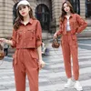 Zweiteilige Hosen Mode -Set 2023 Frühling Herbst Orange Langarm Crop Jacke Top High Taille Cargo Suits