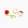 Dangle Earrings Cute Imitation Pearl Flower Red Crystal Ball Drop Earring For Women Gold Color Eardrop Wedding Fashion Jewelry Gifts