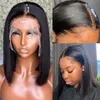 Perruque Bob Lace Frontal Wig brésilienne naturelle lisse, cheveux courts, lisses, 13x1, pre-plucked, Transparent, pour femmes noires