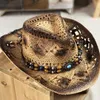 Chapeaux à larges bords Chapeaux de seau Mode roulé Jazz Cowboy Chapeau de paille Printemps et été Hommes Femmes Gem Strap Beach Sun Cap Outdoor Shade Hollow Knight 230822