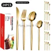 24 datorer Guldkärlet Set Kök Bordsartiklar Rostfritt stål Knivgafflar Spoons Silverware Home Flatware Set Nrowers Set HKD230812