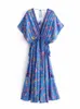 Basic Casual Dresses Vintage Chic Women Peacock Floral Print Bat Sleeve Beach Bohemian Maxi Robe Ladies V neck Tassel Summer Boho Dress 230823