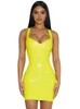 Casual Dresses Sleevelss Wet Look PVC Vestido Deep V-neck Shiny PU Leather Dress Tight Package Hip Minifalda Sexy Clubwear Camisole