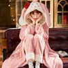 Women's Sleepwear Sweet Cute Pajama Sets Flannel Soft Loose Hooded Women Winter Pyjamas Warm Thicken Homewear