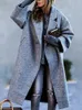 Женская шерстяная смеси зимняя одежда Женская отворотное пальто с длинным рукавом белый негабаритный слои с однокрашенной случайной теплой курткой 230822